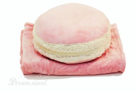 Macaron Shape Throw Cushion Pillow with  Youth Size Soft Black Fleece Blanket for Travel and Home