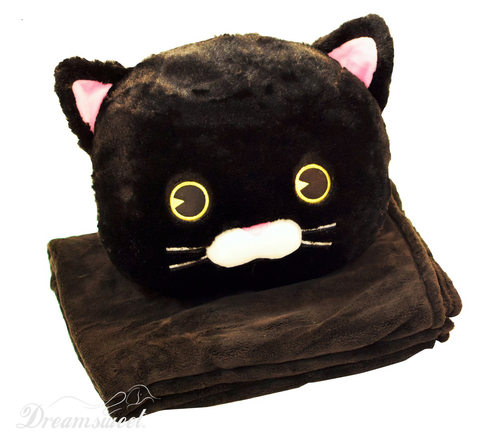 Black Cat Throw Cushion Pillow with  Youth Size Soft Black Fleece Blanket for Travel & Home - B7CT