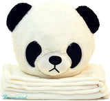 Panda Throw Cushion Pillow with  Youth Size Soft Black Fleece Blanket for Travel & Home - B7PA